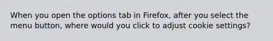 When you open the options tab in Firefox, after you select the menu button, where would you click to adjust cookie settings?