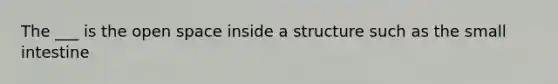 The ___ is the open space inside a structure such as <a href='https://www.questionai.com/knowledge/kt623fh5xn-the-small-intestine' class='anchor-knowledge'>the small intestine</a>