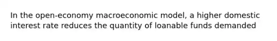 In the open-economy macroeconomic model, a higher domestic interest rate reduces the quantity of loanable funds demanded