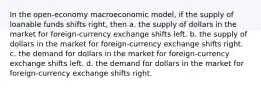 In the open-economy macroeconomic model, if the supply of loanable funds shifts right, then a. the supply of dollars in the market for foreign-currency exchange shifts left. b. the supply of dollars in the market for foreign-currency exchange shifts right. c. the demand for dollars in the market for foreign-currency exchange shifts left. d. the demand for dollars in the market for foreign-currency exchange shifts right.