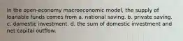 In the open-economy macroeconomic model, the supply of loanable funds comes from a. national saving. b. private saving. c. domestic investment. d. the sum of domestic investment and net capital outflow.