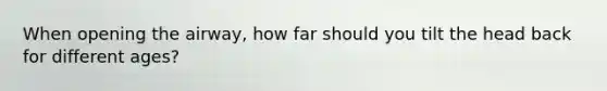 When opening the airway, how far should you tilt the head back for different ages?
