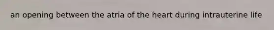 an opening between the atria of the heart during intrauterine life