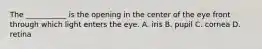 The ___________ is the opening in the center of the eye front through which light enters the eye. A. iris B. pupil C. cornea D. retina