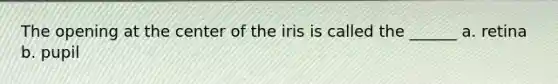 The opening at the center of the iris is called the ______ a. retina b. pupil