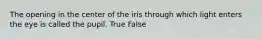 The opening in the center of the iris through which light enters the eye is called the pupil. True False