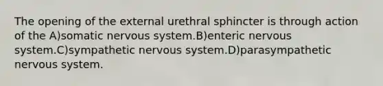 The opening of the external urethral sphincter is through action of the A)somatic nervous system.B)enteric nervous system.C)sympathetic nervous system.D)parasympathetic nervous system.