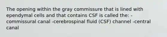 The opening within the gray commissure that is lined with ependymal cells and that contains CSF is called the: -commissural canal -cerebrospinal fluid (CSF) channel -central canal