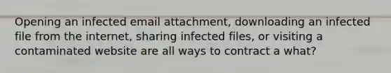 Opening an infected email attachment, downloading an infected file from the internet, sharing infected files, or visiting a contaminated website are all ways to contract a what?