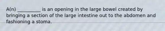 A(n) __________ is an opening in the large bowel created by bringing a section of the large intestine out to the abdomen and fashioning a stoma.