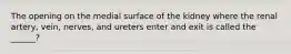 The opening on the medial surface of the kidney where the renal artery, vein, nerves, and ureters enter and exit is called the ______?