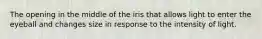 The opening in the middle of the iris that allows light to enter the eyeball and changes size in response to the intensity of light.