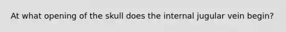 At what opening of the skull does the internal jugular vein begin?