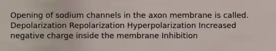 Opening of sodium channels in the axon membrane is called. Depolarization Repolarization Hyperpolarization Increased negative charge inside the membrane Inhibition