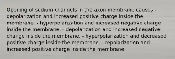 Opening of sodium channels in the axon membrane causes - depolarization and increased positive charge inside the membrane. - hyperpolarization and increased negative charge inside the membrane. - depolarization and increased negative change inside the membrane. - hyperpolarization and decreased positive charge inside the membrane. - repolarization and increased positive charge inside the membrane.