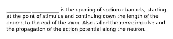 __________ ___________ is the opening of sodium channels, starting at the point of stimulus and continuing down the length of the neuron to the end of the axon. Also called the nerve impulse and the propagation of the action potential along the neuron.