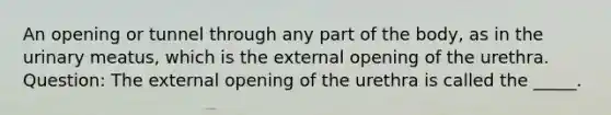 An opening or tunnel through any part of the body, as in the urinary meatus, which is the external opening of the urethra. Question: The external opening of the urethra is called the _____.