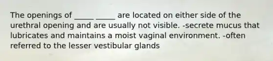 The openings of _____ _____ are located on either side of the urethral opening and are usually not visible. -secrete mucus that lubricates and maintains a moist vaginal environment. -often referred to the lesser vestibular glands