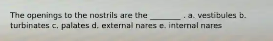 The openings to the nostrils are the ________ . a. vestibules b. turbinates c. palates d. external nares e. internal nares