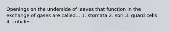 Openings on the underside of leaves that function in the exchange of gases are called... 1. stomata 2. sori 3. guard cells 4. cuticles