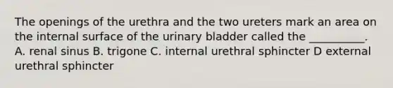 The openings of the urethra and the two ureters mark an area on the internal surface of the urinary bladder called the __________. A. renal sinus B. trigone C. internal urethral sphincter D external urethral sphincter