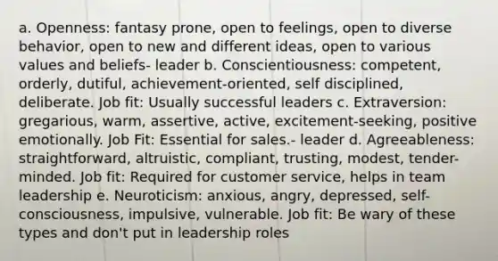 a. Openness: fantasy prone, open to feelings, open to diverse behavior, open to new and different ideas, open to various values and beliefs- leader b. Conscientiousness: competent, orderly, dutiful, achievement-oriented, self disciplined, deliberate. Job fit: Usually successful leaders c. Extraversion: gregarious, warm, assertive, active, excitement-seeking, positive emotionally. Job Fit: Essential for sales.- leader d. Agreeableness: straightforward, altruistic, compliant, trusting, modest, tender-minded. Job fit: Required for customer service, helps in team leadership e. Neuroticism: anxious, angry, depressed, self-consciousness, impulsive, vulnerable. Job fit: Be wary of these types and don't put in leadership roles