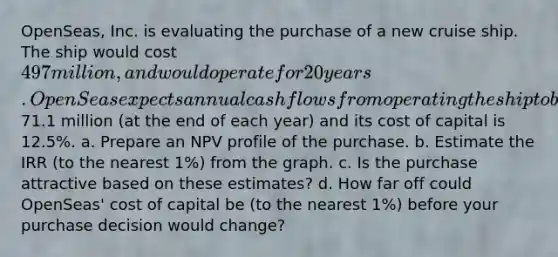 OpenSeas, Inc. is evaluating the purchase of a new cruise ship. The ship would cost 497 million, and would operate for 20 years. OpenSeas expects annual cash flows from operating the ship to be71.1 million (at the end of each year) and its cost of capital is 12.5%. a. Prepare an NPV profile of the purchase. b. Estimate the IRR (to the nearest 1%) from the graph. c. Is the purchase attractive based on these estimates? d. How far off could OpenSeas' cost of capital be (to the nearest 1%) before your purchase decision would change?