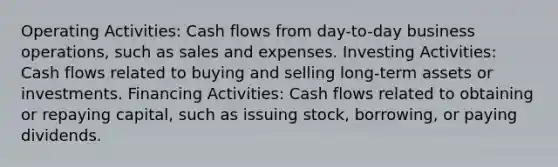 Operating Activities: Cash flows from day-to-day business operations, such as sales and expenses. Investing Activities: Cash flows related to buying and selling long-term assets or investments. Financing Activities: Cash flows related to obtaining or repaying capital, such as issuing stock, borrowing, or paying dividends.