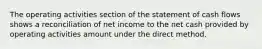 The operating activities section of the statement of cash flows shows a reconciliation of net income to the net cash provided by operating activities amount under the direct method.