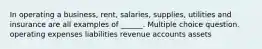 In operating a business, rent, salaries, supplies, utilities and insurance are all examples of ______. Multiple choice question. operating expenses liabilities revenue accounts assets