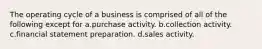 The operating cycle of a business is comprised of all of the following except for a.purchase activity. b.collection activity. c.financial statement preparation. d.sales activity.