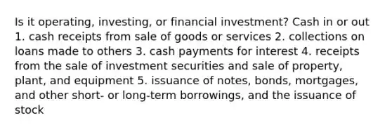 Is it operating, investing, or financial investment? Cash in or out 1. cash receipts from sale of goods or services 2. collections on loans made to others 3. cash payments for interest 4. receipts from the sale of investment securities and sale of property, plant, and equipment 5. issuance of notes, bonds, mortgages, and other short- or long-term borrowings, and the issuance of stock