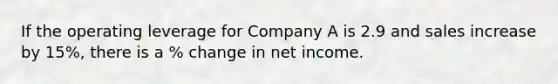 If the operating leverage for Company A is 2.9 and sales increase by 15%, there is a % change in net income.