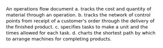 An operations flow document a. tracks the cost and quantity of material through an operation. b. tracks the network of control points from receipt of a customer's order through the delivery of the finished product. c. specifies tasks to make a unit and the times allowed for each task. d. charts the shortest path by which to arrange machines for completing products.