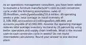 As an operations management consultant, you have been asked to evaluate a furniture manufacturer's cash-to-cash conversion cycle under the following assumptions: sales of 23.0 million, cost of goods sold of20.4 million, 40 operating weeks a year, total average on hand inventory of 2,100,000, accounts receivable equal to2,480,000, and accounts payable of 3,580,000. Assume the operating manager reduces total average inventory on-hand by 25 percent by using better operations and supply chain methods. What is the revised cash-to-cash conversion cycle in weeks? Do not round intermediate calculations. Round your answer to one decimal place.