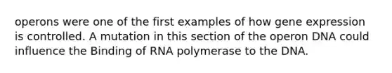 operons were one of the first examples of how gene expression is controlled. A mutation in this section of the operon DNA could influence the Binding of RNA polymerase to the DNA.