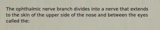 The ophthalmic nerve branch divides into a nerve that extends to the skin of the upper side of the nose and between the eyes called the: