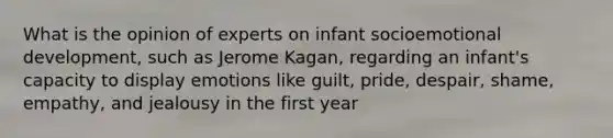 What is the opinion of experts on infant socioemotional development, such as Jerome Kagan, regarding an infant's capacity to display emotions like guilt, pride, despair, shame, empathy, and jealousy in the first year