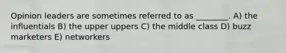 Opinion leaders are sometimes referred to as ________. A) the influentials B) the upper uppers C) the middle class D) buzz marketers E) networkers