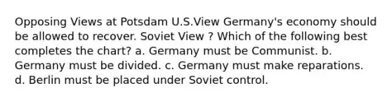 Opposing Views at Potsdam U.S.View Germany's economy should be allowed to recover. Soviet View ? Which of the following best completes the chart? a. Germany must be Communist. b. Germany must be divided. c. Germany must make reparations. d. Berlin must be placed under Soviet control.