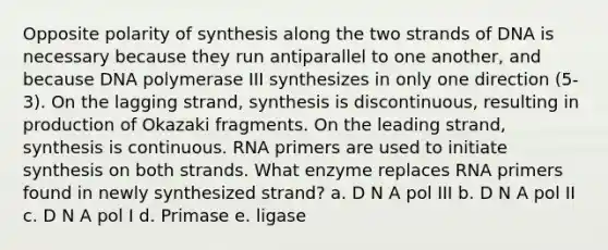 Opposite polarity of synthesis along the two strands of DNA is necessary because they run antiparallel to one another, and because DNA polymerase III synthesizes in only one direction (5-3). On the lagging strand, synthesis is discontinuous, resulting in production of Okazaki fragments. On the leading strand, synthesis is continuous. RNA primers are used to initiate synthesis on both strands. What enzyme replaces RNA primers found in newly synthesized strand? a. D N A pol III b. D N A pol II c. D N A pol I d. Primase e. ligase