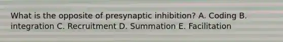 What is the opposite of presynaptic inhibition? A. Coding B. integration C. Recruitment D. Summation E. Facilitation