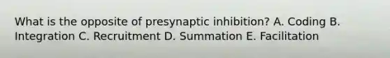 What is the opposite of presynaptic inhibition? A. Coding B. Integration C. Recruitment D. Summation E. Facilitation