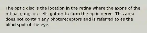 The optic disc is the location in the retina where the axons of the retinal ganglion cells gather to form the optic nerve. This area does not contain any photoreceptors and is referred to as the blind spot of the eye.