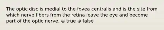 The optic disc is medial to the fovea centralis and is the site from which nerve fibers from the retina leave the eye and become part of the optic nerve. ⊚ true ⊚ false