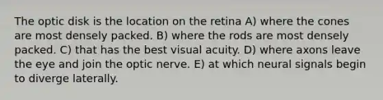 The optic disk is the location on the retina A) where the cones are most densely packed. B) where the rods are most densely packed. C) that has the best <a href='https://www.questionai.com/knowledge/kkkLXogZ32-visual-acuity' class='anchor-knowledge'>visual acuity</a>. D) where axons leave the eye and join the optic nerve. E) at which neural signals begin to diverge laterally.