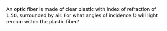 An optic fiber is made of clear plastic with index of refraction of 1.50, surrounded by air. For what angles of incidence Ό will light remain within the plastic fiber?