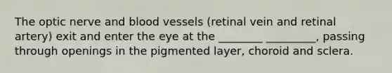 The optic nerve and blood vessels (retinal vein and retinal artery) exit and enter the eye at the ________ _________, passing through openings in the pigmented layer, choroid and sclera.