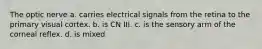 The optic nerve a. carries electrical signals from the retina to the primary visual cortex. b. is CN III. c. is the sensory arm of the corneal reflex. d. is mixed