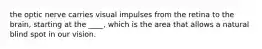 the optic nerve carries visual impulses from the retina to the brain, starting at the ____, which is the area that allows a natural blind spot in our vision.